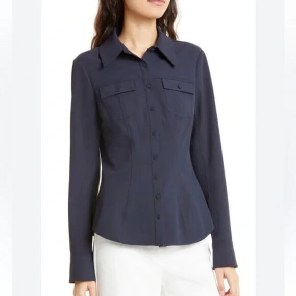 Cinq A Sept Dion Button Up Shirt Size XS Navy Blue Work Office Career Business - Picture 1 of 10